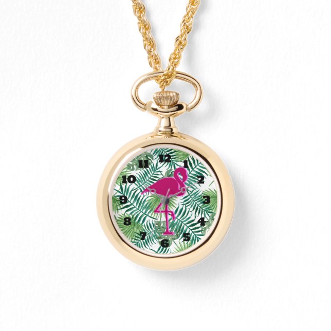 Tropical Leaves Pattern and Pink Flamingo Watch (Front)