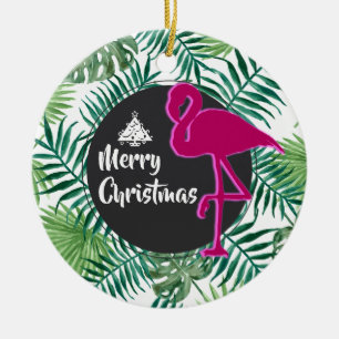 Tropical Leaves Pattern and Pink Flamingo Xmas Ceramic Tree Decoration