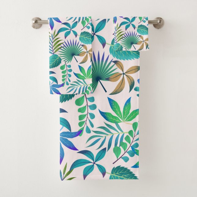 Tropical leaves pattern bath towel set (Insitu)