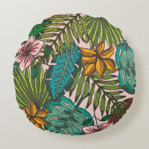 Tropical Leaves Pattern - Boho Floral Decor Round Cushion