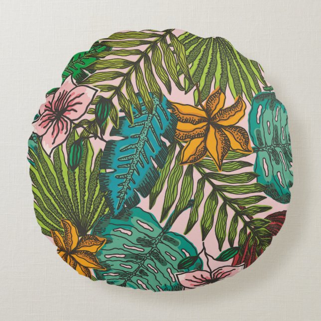 Tropical Leaves Pattern - Boho Floral Decor Round Cushion (Front)