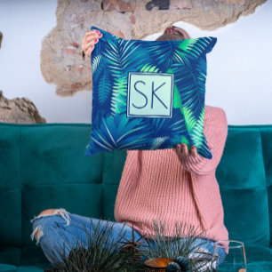 Tropical Leaves Pattern Custom Initial Modern Cushion