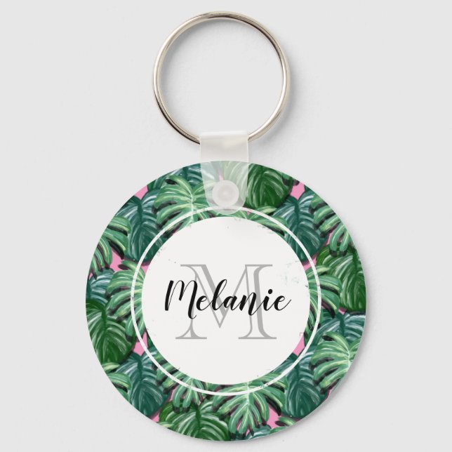 Tropical Leaves Pattern - Green Foliage Monogram Key Ring (Front)