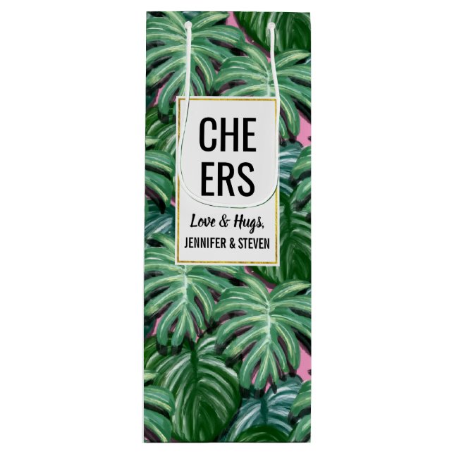 Tropical Leaves Pattern - Green Foliage Wine Gift Bag (Front)