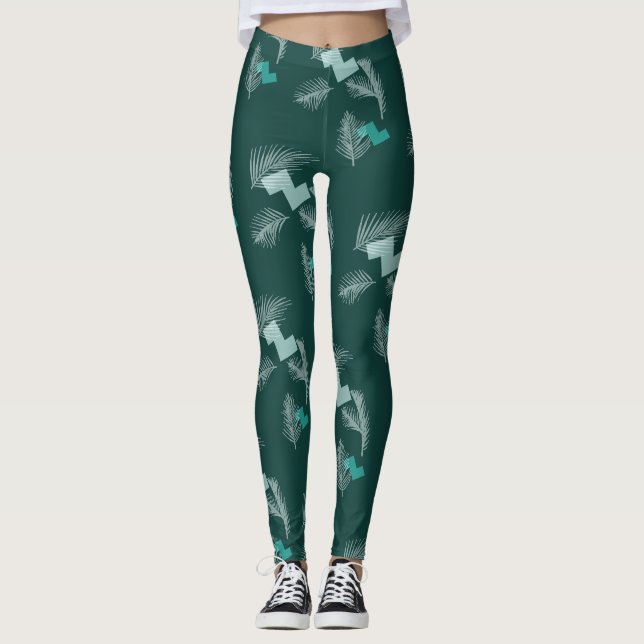 Tropical Leaves Pattern Green Leggings (Front)