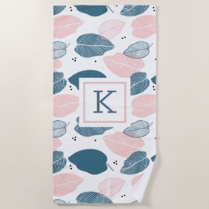 Tropical leaves pattern pink blue and white beach towel