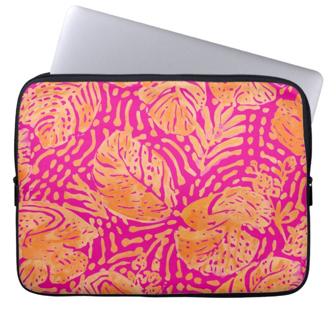Tropical Leaves Pattern, Shocking Pink, Orange Laptop Sleeve (Front)