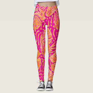 Tropical Leaves Pattern, shocking Pink, Orange  Leggings