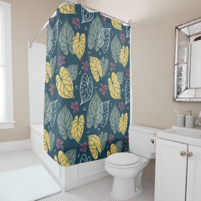 Tropical leaves pattern yellow green and pink shower curtain (In Situ)
