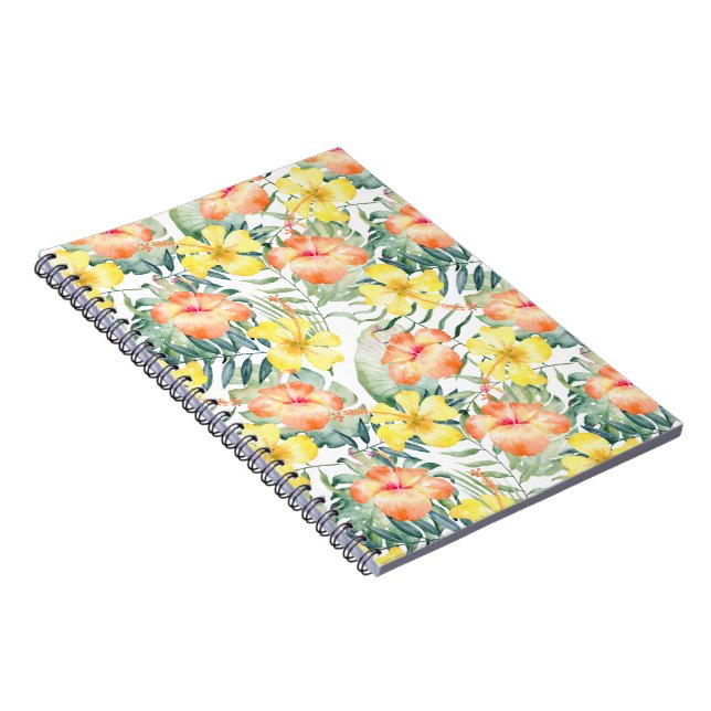 Tropical Leaves Peach Yellow Hibiscus Floral Notebook (Right Side)