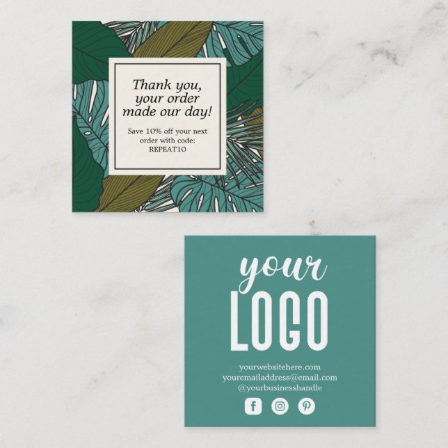 Tropical Leaves Personalised Order Thank You Square Business Card (Front/Back)