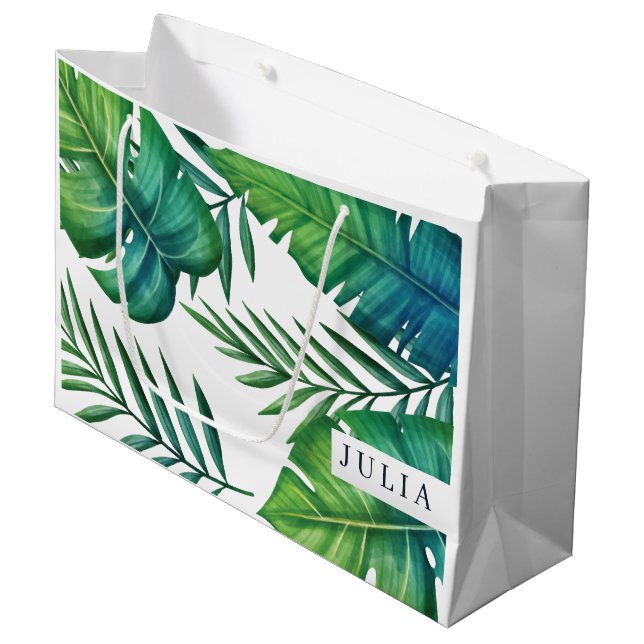 Tropical Leaves Personalised Watercolor Large Gift Bag (Front Angled)