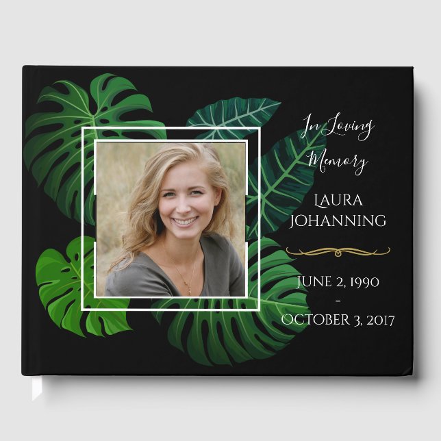 Tropical Leaves Photo Funeral Guest Book (Front)