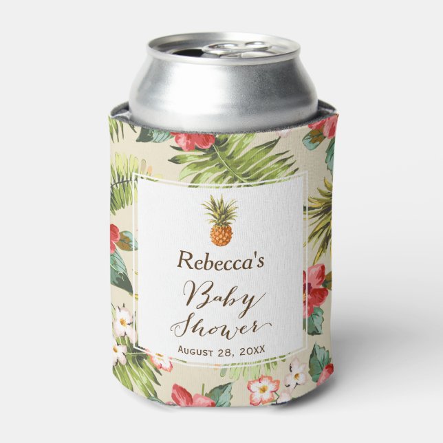 Tropical Leaves Pineapple Baby Shower Favour Can Cooler (Can Front)