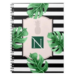 Tropical Leaves & Pineapple Elegant Chic Monogram Notebook