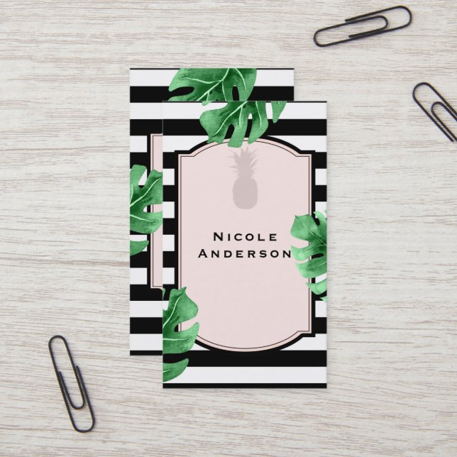 Tropical Leaves & Pineapple Elegant Modern Striped Business Card (Front/Back In Situ)