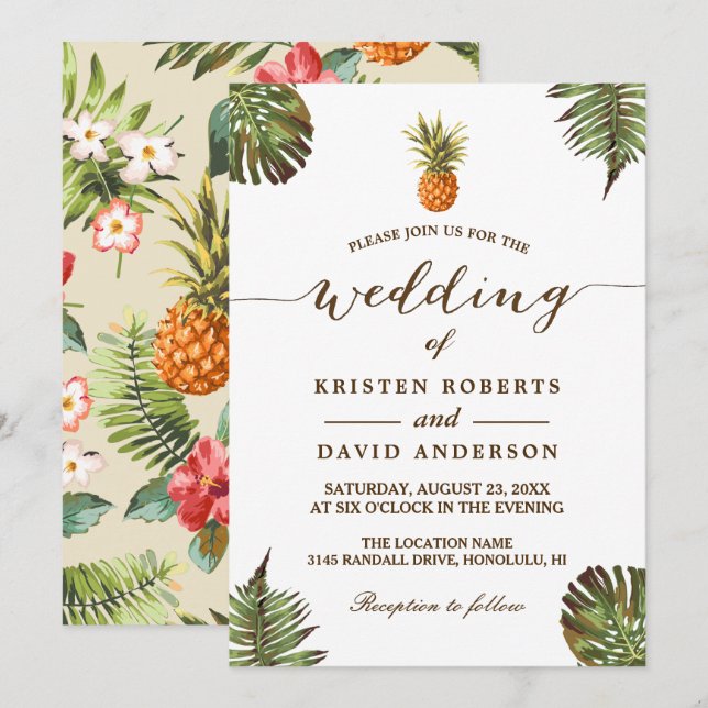 Tropical Leaves Pineapple Hawaiian Luau Wedding Invitation (Front/Back)