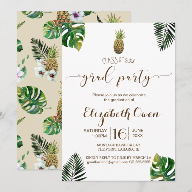 Tropical Leaves Pineapple Luau Graduation Invitation (Front/Back)