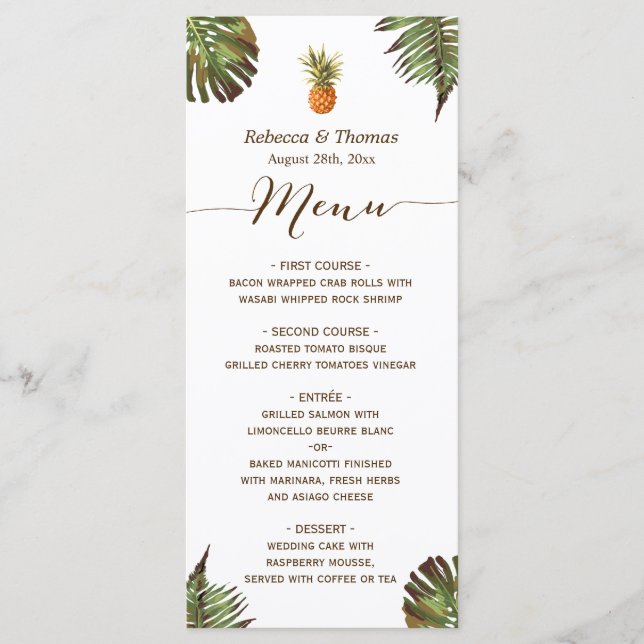 Tropical Leaves Pineapple Luau Styled Wedding Menu (Front)
