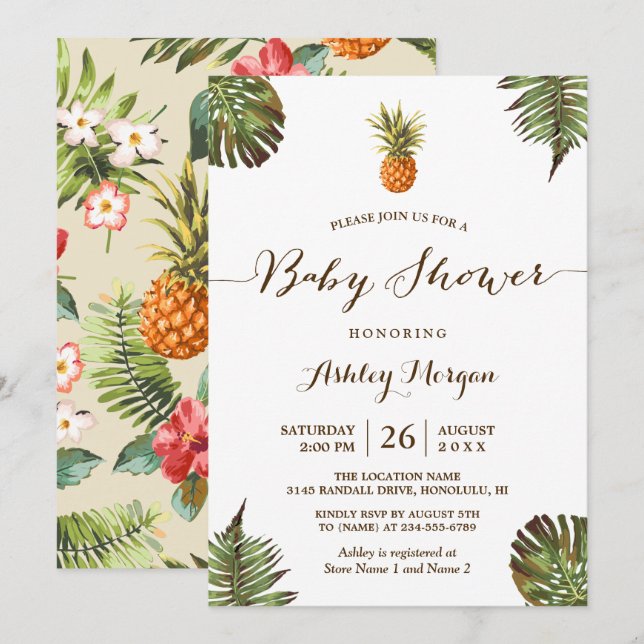 Tropical Leaves Pineapple Summer Baby Shower Invitation (Front/Back)