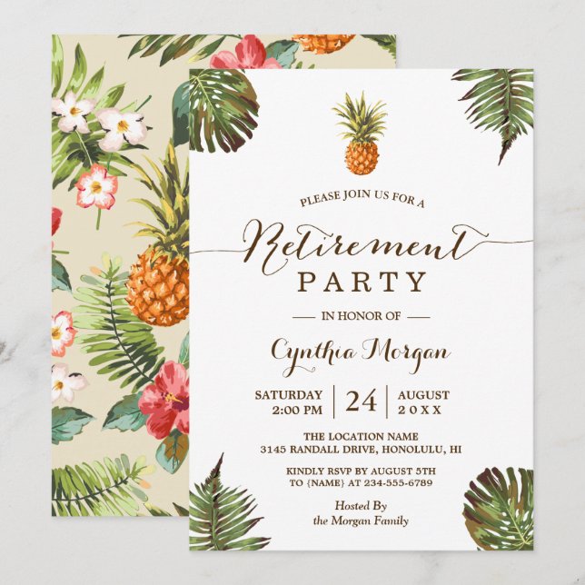 Tropical Leaves Pineapple Summer Retirement Party Invitation (Front/Back)