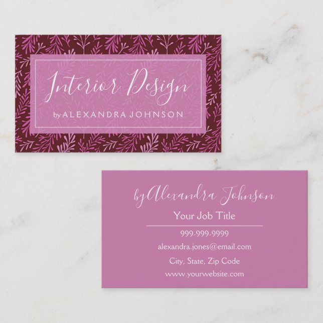 Tropical Leaves Pink and Burgundy Pattern Business Card (Front/Back)