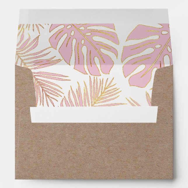 Tropical leaves pink and gold rustic wedding envelope (Back (Bottom))