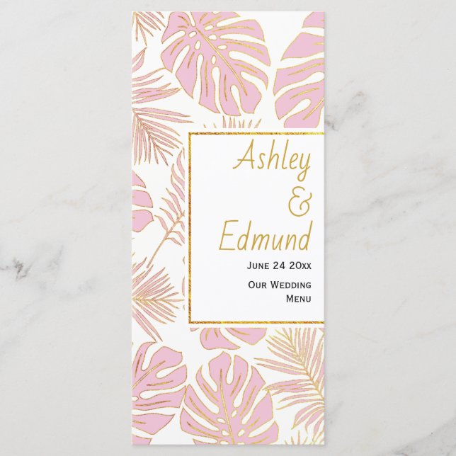 Tropical leaves pink and gold wedding menu card (Front)