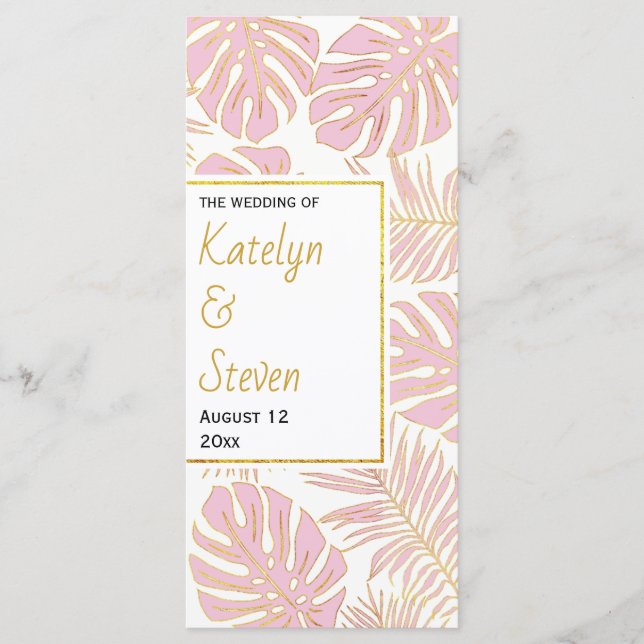 Tropical leaves pink and gold wedding program programme (Front)
