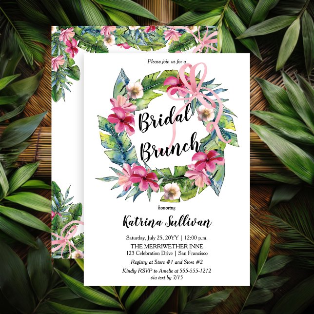 Tropical Leaves | Pink Bow Floral Bridal Brunch Invitation (Boho Tropical Leaves and Pink Ribbons Floral Bridal Brunch Invitation - Print | Digital)
