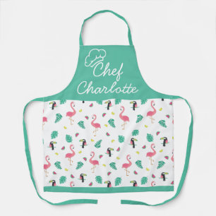 Tropical leaves pink flamingo colourful toucan apron