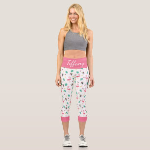 Tropical leaves pink flamingo colourful toucan capri leggings