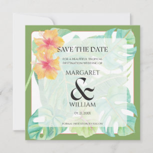Tropical leaves & pink Flamingo Save The Date card
