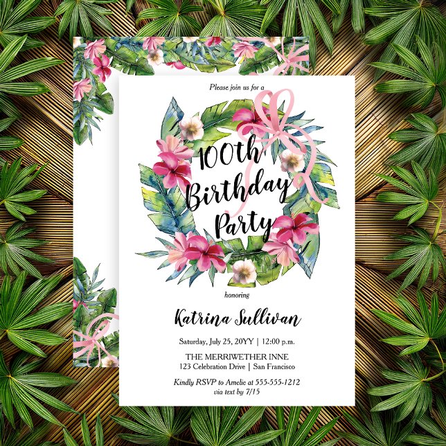 Tropical Leaves |Pink Floral 100th Birthday Party  Invitation (Boho Pink Hibiscus and Tropical Leaves with Pink Coquette Bow 100th Birthday Party Invitation)