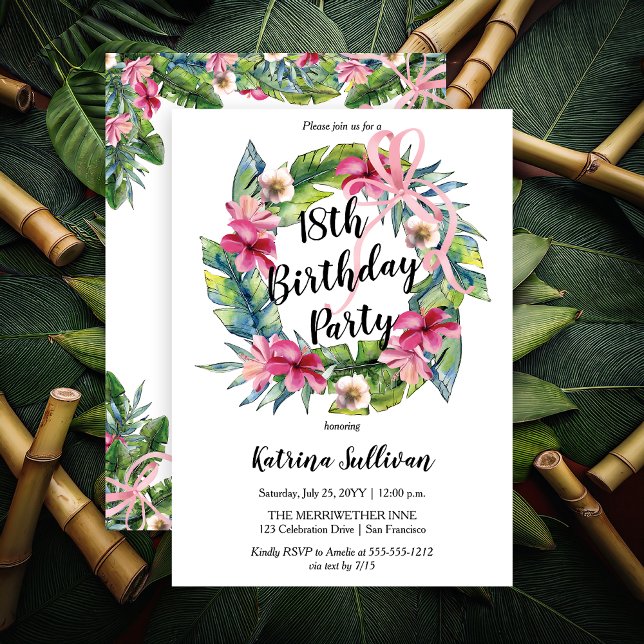 Tropical Leaves | Pink Floral 18th Birthday Party Invitation (Boho Tropical Hibiscus and Greenery with Pink Coquette Bow 18th Birthday Party Invitation )