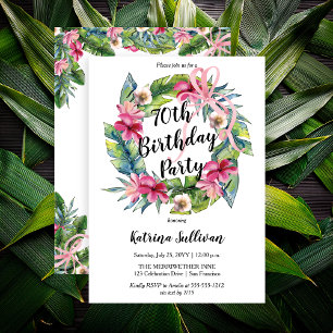 Tropical Leaves Pink Floral 70th Birthday Party Invitation