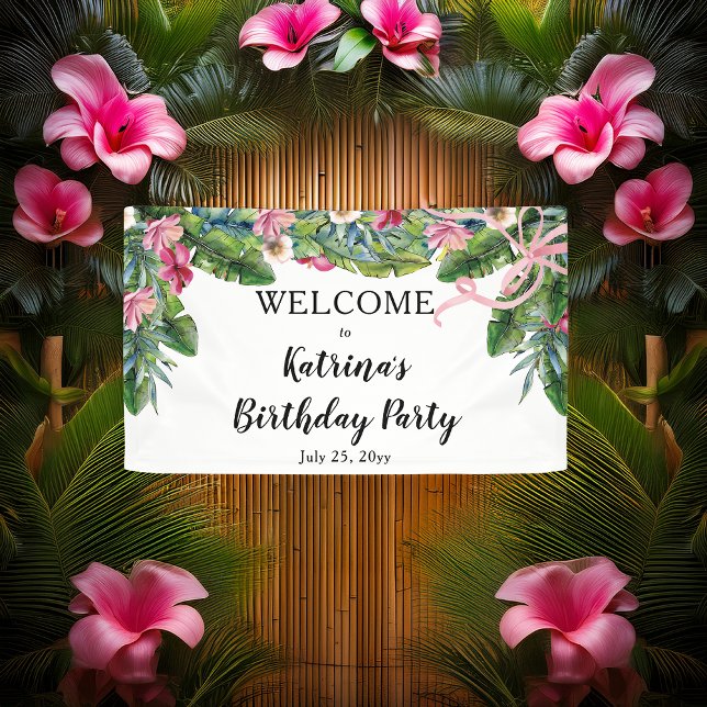 Tropical Leaves | Pink Floral Birthday Party Banner (Boho Tropical Hibiscus and Greenery with Pink Coquette Bow Birthday Party Banner)