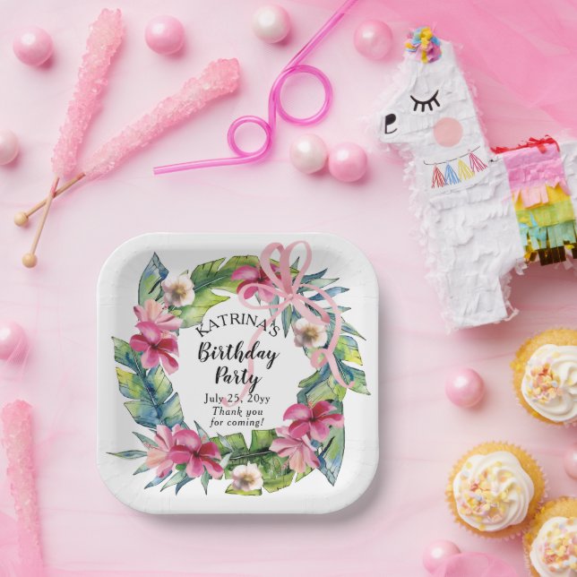 Tropical Leaves | Pink Floral Birthday Party Paper Plate (Party)