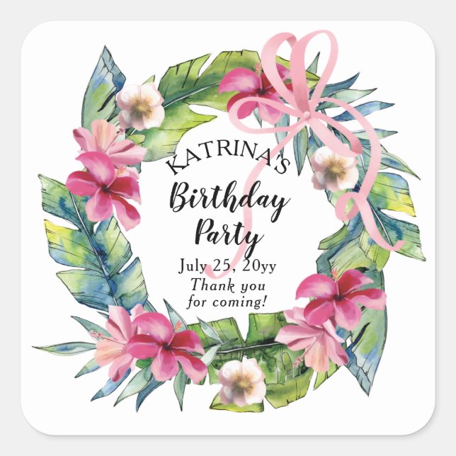 Tropical Leaves | Pink Floral Birthday Party Square Sticker (Front)