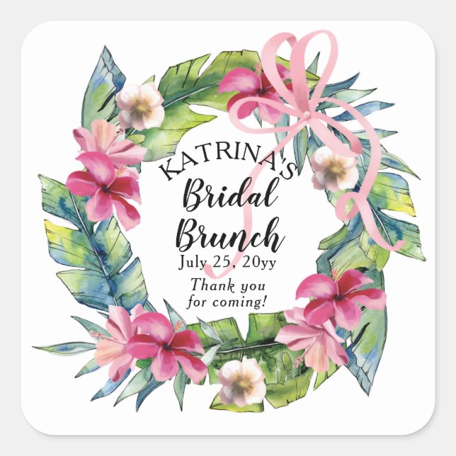 Tropical Leaves | Pink Floral Bridal Brunch Square Sticker (Front)