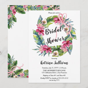 Tropical Leaves   Pink Floral Bridal Shower Invitation