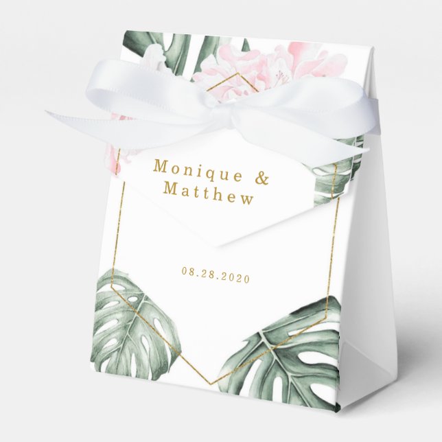Tropical Leaves Pink Floral Gold Geometric Wedding Favour Box (Front Side)