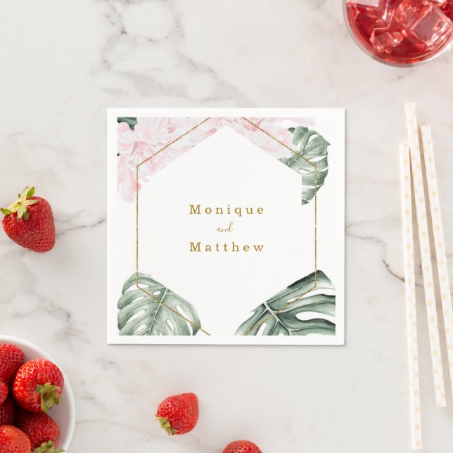 Tropical Leaves Pink Floral Gold Geometric Wedding Napkin (Insitu)