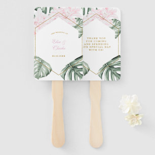 Tropical Leaves Pink Floral Gold Wedding Thank You Hand Fan