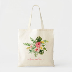 Tropical Leaves Pink Flowers Orchids Tote Bag