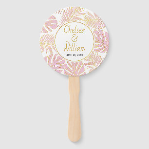 Tropical leaves pink, gold wedding round hand fan