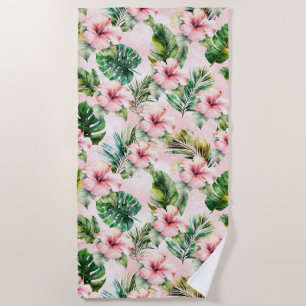 Tropical Leaves Pink Hibiscus Floral Beach Towel