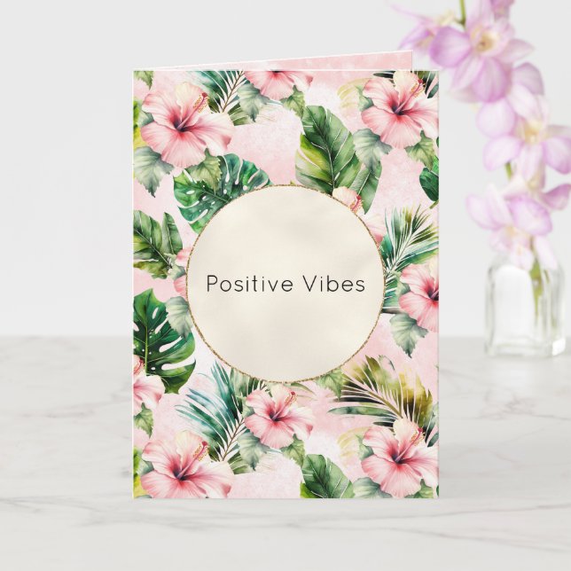 Tropical Leaves Pink Hibiscus Floral Card (Orchid)