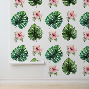Tropical Leaves Pink Hibiscus Flowers Wallpaper
