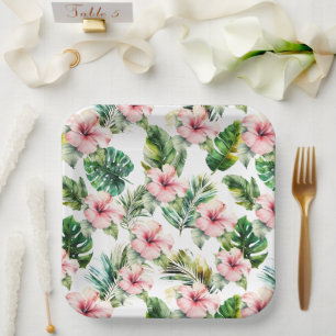Tropical Leaves Pink Hibiscus Flowers Wedding Paper Plate